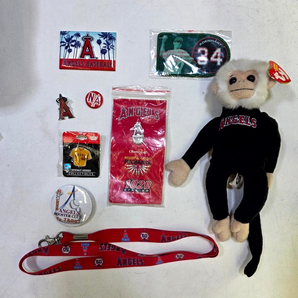 Ty MLB Los Angeles Angels Bundle Rally Monkey Beanie Baby Pins Lanyard Lot OS